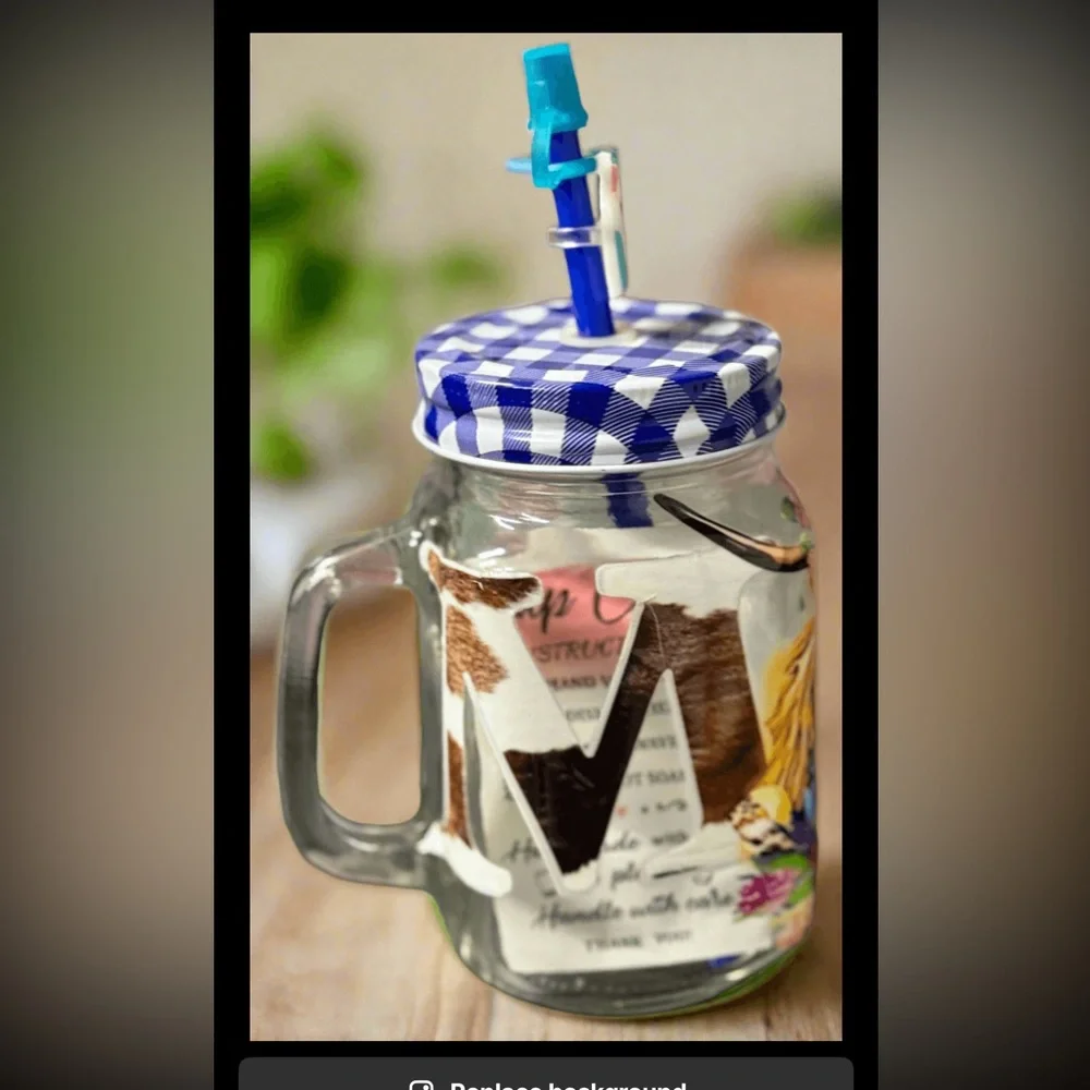 Handmade Cow and Letter M glass cup Blue Straw, straw lid‎ and straw charm